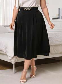 SHEIN Privé 大碼鏈條細節褶皺半身裙 - 黑色 - 查看 3