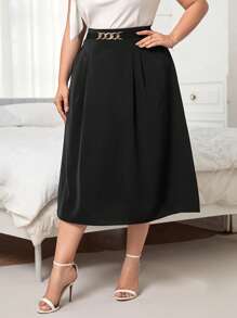 SHEIN Privé 大碼鏈條細節褶皺半身裙 - 黑色 - 查看 5