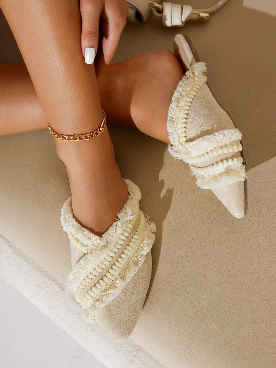 CUCCOO CHICEST Women Beige Pom Pom & Ruffle Decor Vacation Fluffy Suede Mules Vacation Shoes Summer Elegant Flats Halloween Christmas Fall