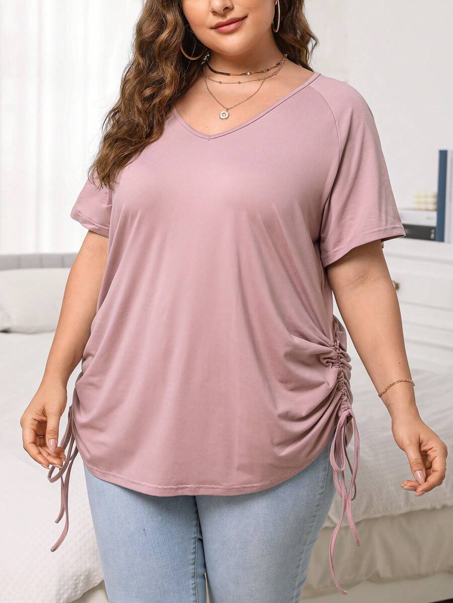 SHEIN Unity Plus Drawstring Side Raglan Sleeve Tee - Dusty Pink - View 1