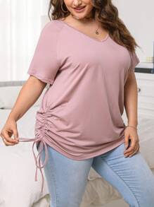 SHEIN Unity Plus Drawstring Side Raglan Sleeve Tee - Dusty Pink - View 4