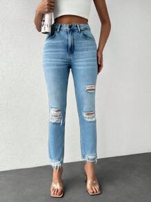 EURMUSE High Waist Ripped Raw Hem Skinny Jeans - Blue - View 1