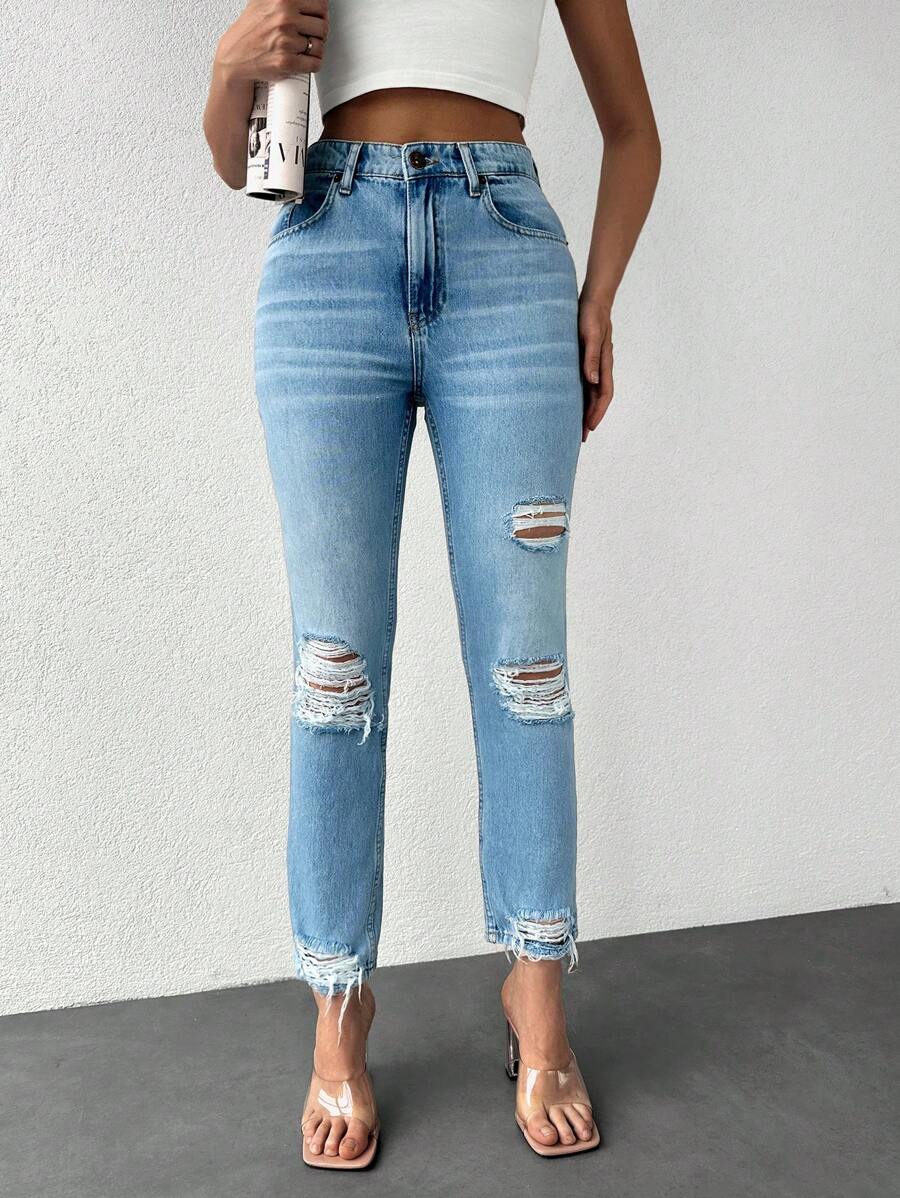 EURMUSE High Waist Ripped Raw Hem Skinny Jeans - Blue - View 1