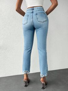 EURMUSE High Waist Ripped Raw Hem Skinny Jeans - Blue - View 2