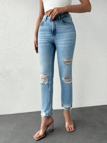 EURMUSE High Waist Ripped Raw Hem Skinny Jeans - Blue - View 4