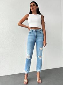 EURMUSE High Waist Ripped Raw Hem Skinny Jeans - Blue - View 5