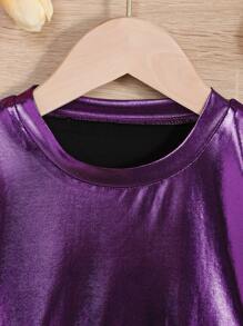 Elladie kids Young Girl Drop Shoulder Metallic Tee Summer Holiday - Purple - View 4