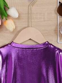 Elladie kids Young Girl Drop Shoulder Metallic Tee Summer Holiday - Purple - View 5