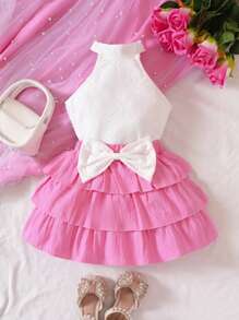 SHEIN Bộ thời trang bé gái Nơ Bướm phân lớp Tranh thêu Khối Màu Dễ thương - Nhiều màu - Xem 1