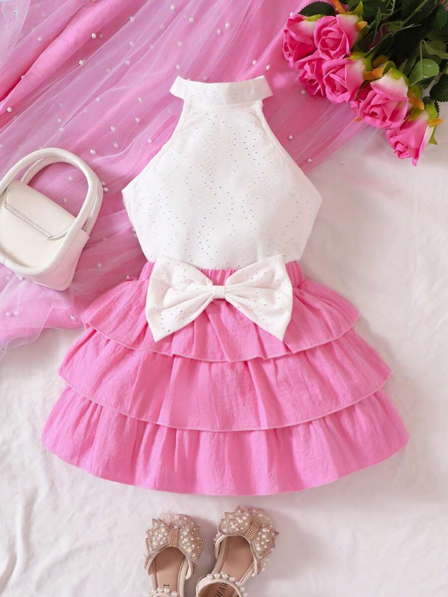 SHEIN Bộ thời trang bé gái Nơ Bướm phân lớp Tranh thêu Khối Màu Dễ thương - Nhiều màu - Xem 1