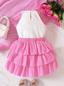 SHEIN Bộ thời trang bé gái Nơ Bướm phân lớp Tranh thêu Khối Màu Dễ thương - Nhiều màu - Xem 2