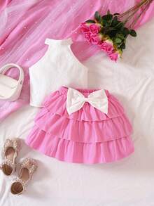 SHEIN Bộ thời trang bé gái Nơ Bướm phân lớp Tranh thêu Khối Màu Dễ thương - Nhiều màu - Xem 7