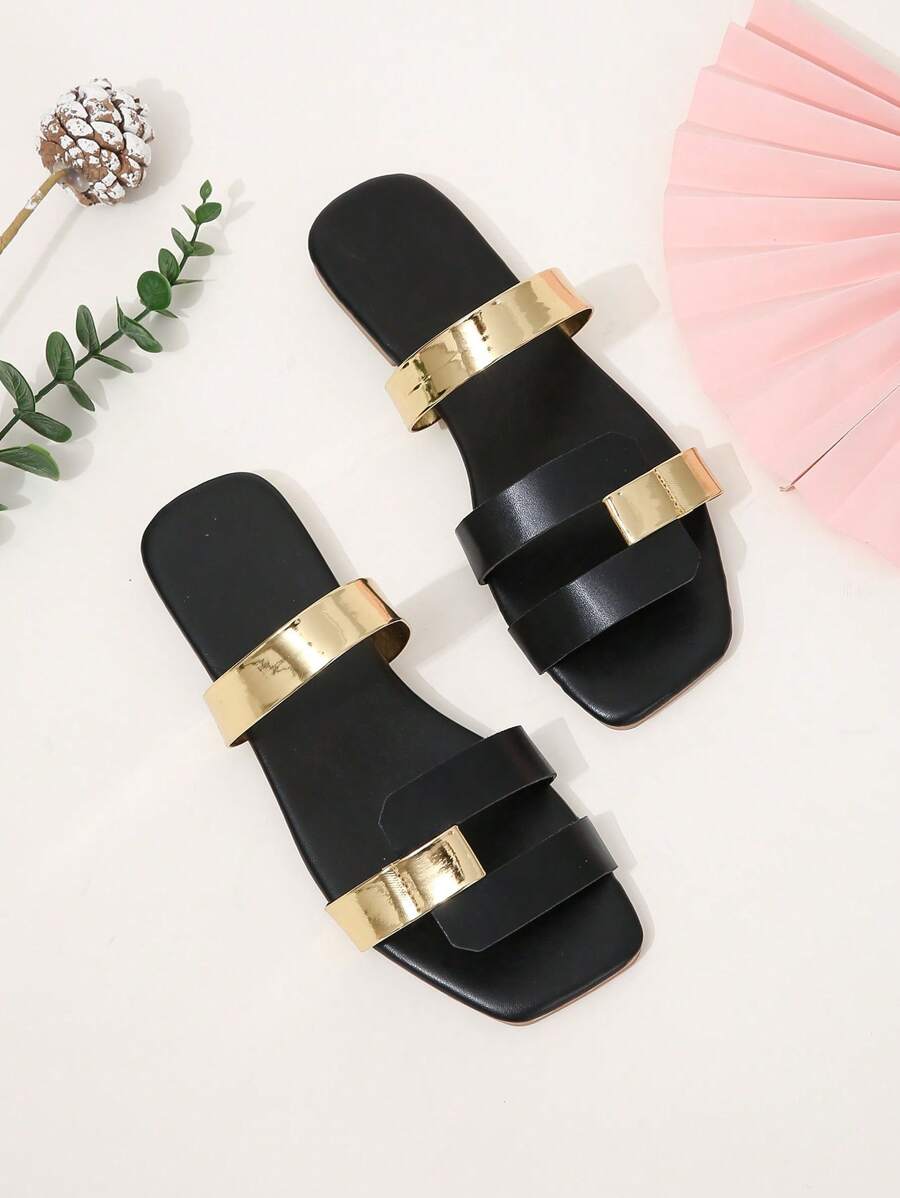 Women Metallic Detail Two Tone Slide Sandals, Fashion Summer Flat Sandals - Black - View 1