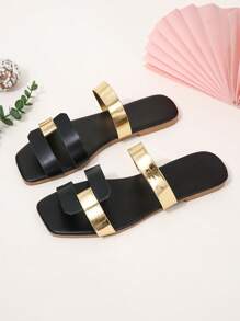 Women Metallic Detail Two Tone Slide Sandals, Fashion Summer Flat Sandals - Black - View 2