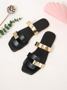 Women Metallic Detail Two Tone Slide Sandals, Fashion Summer Flat Sandals - Black - View 4