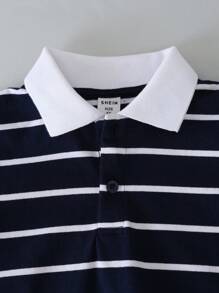 SHEIN Áo polo bé trai Tương phản ren Nút phía trước Khối Màu Sọc Giải trí - Màu xanh hải quân - Xem 5