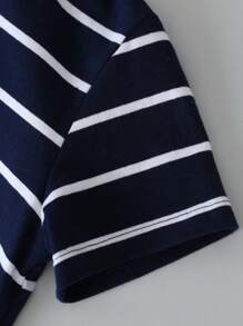 SHEIN Áo polo bé trai Tương phản ren Nút phía trước Khối Màu Sọc Giải trí - Màu xanh hải quân - Xem 6