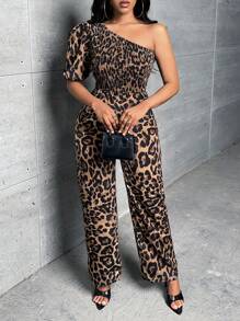 Slaydiva Leopard Print One Shoulder Puff Sleeve Jumpsuit