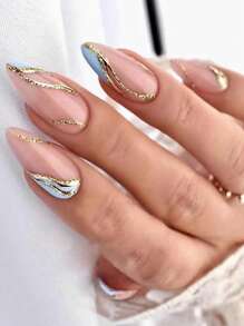 24入組長款杏仁金屬亮絲假指甲和1入組指甲銼和1張織帶 - 彩色 - 查看 1