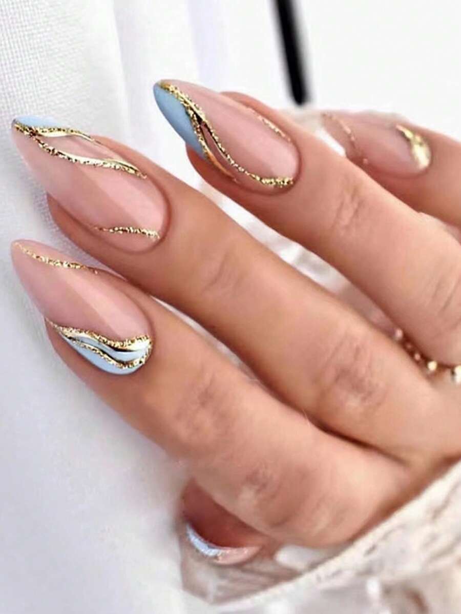 24入組長款杏仁金屬亮絲假指甲和1入組指甲銼和1張織帶 - 彩色 - 查看 1