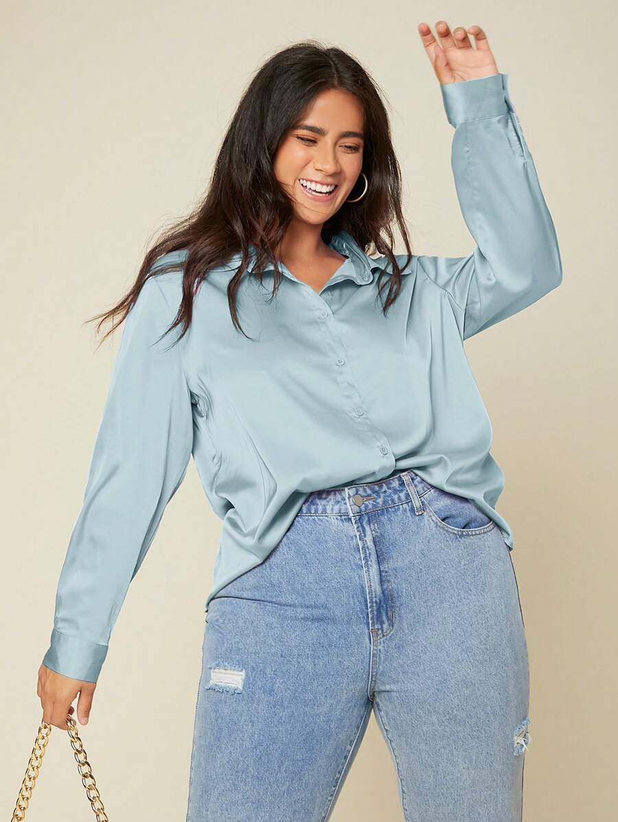 SHEIN BASICS 大碼素色前紐扣緞面襯衫 - 淺藍色 - 查看 1