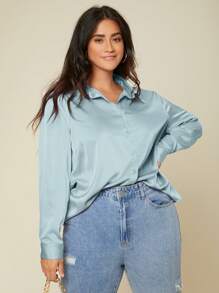 SHEIN BASICS 大碼素色前紐扣緞面襯衫 - 淺藍色 - 查看 3