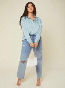 SHEIN BASICS 大碼素色前紐扣緞面襯衫 - 淺藍色 - 查看 6