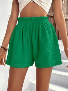 SHEIN VCAY 紙袋腰闊腿短褲 - 綠色 - 查看 1