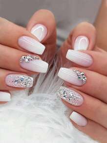 Bộ 24 miếng dán móng tay hình quan tài có đính kim tuyến, đá giả và giũa móng, bao gồm 1 miếng dán móng dạng gel thạch - Nhiều màu - Xem 2