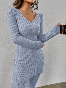 SHEIN Essnce Bộ đồ hai mảnh nữ Chia Gân đan màu trơn Giải trí - Màu xanh lam - Xem 3