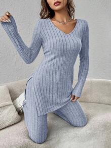 SHEIN Essnce Bộ đồ hai mảnh nữ Chia Gân đan màu trơn Giải trí - Màu xanh lam - Xem 4