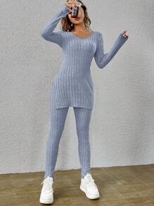 SHEIN Essnce Bộ đồ hai mảnh nữ Chia Gân đan màu trơn Giải trí - Màu xanh lam - Xem 6