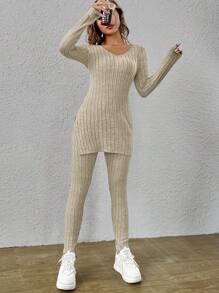 SHEIN Essnce 下擺開叉T恤和緊身褲 - 米色 - 查看 6