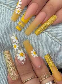 24 Piezas Uñas Postizas De Color Amarillo Con Diseño De Flores Y Brillo Dorado En Polvo Purpurina - Amarillo - Ver 1