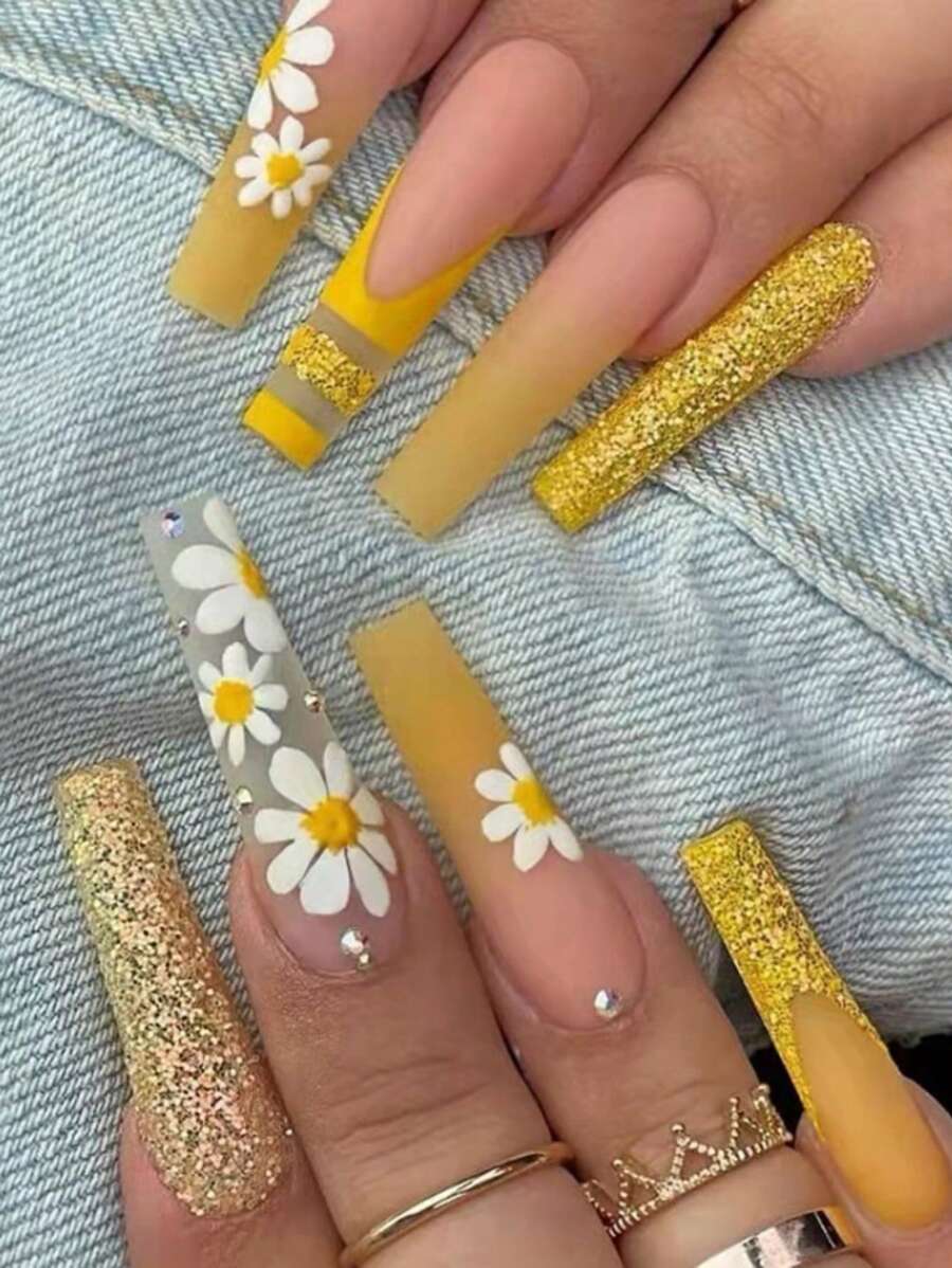 24 Piezas Uñas Postizas De Color Amarillo Con Diseño De Flores Y Brillo Dorado En Polvo Purpurina - Amarillo - Ver 1
