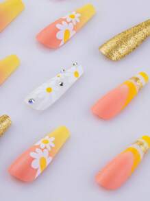 24 Piezas Uñas Postizas De Color Amarillo Con Diseño De Flores Y Brillo Dorado En Polvo Purpurina - Amarillo - Ver 2