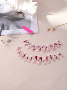 24pcs Long Coffin Color Block Fake Nail & 1sheet Tape & 1pc Nail File Press On Nails Nail Supplies