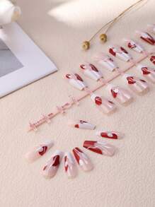 24pcs Long Coffin Color Block Fake Nail & 1sheet Tape & 1pc Nail File Press On Nails Nail Supplies