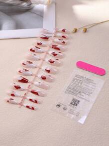 24pcs Long Coffin Color Block Fake Nail & 1sheet Tape & 1pc Nail File Press On Nails Nail Supplies