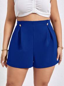 SHEIN Privé Quần Short kích thước lớn Nút màu trơn Giải trí - Màu xanh lam - Xem 4