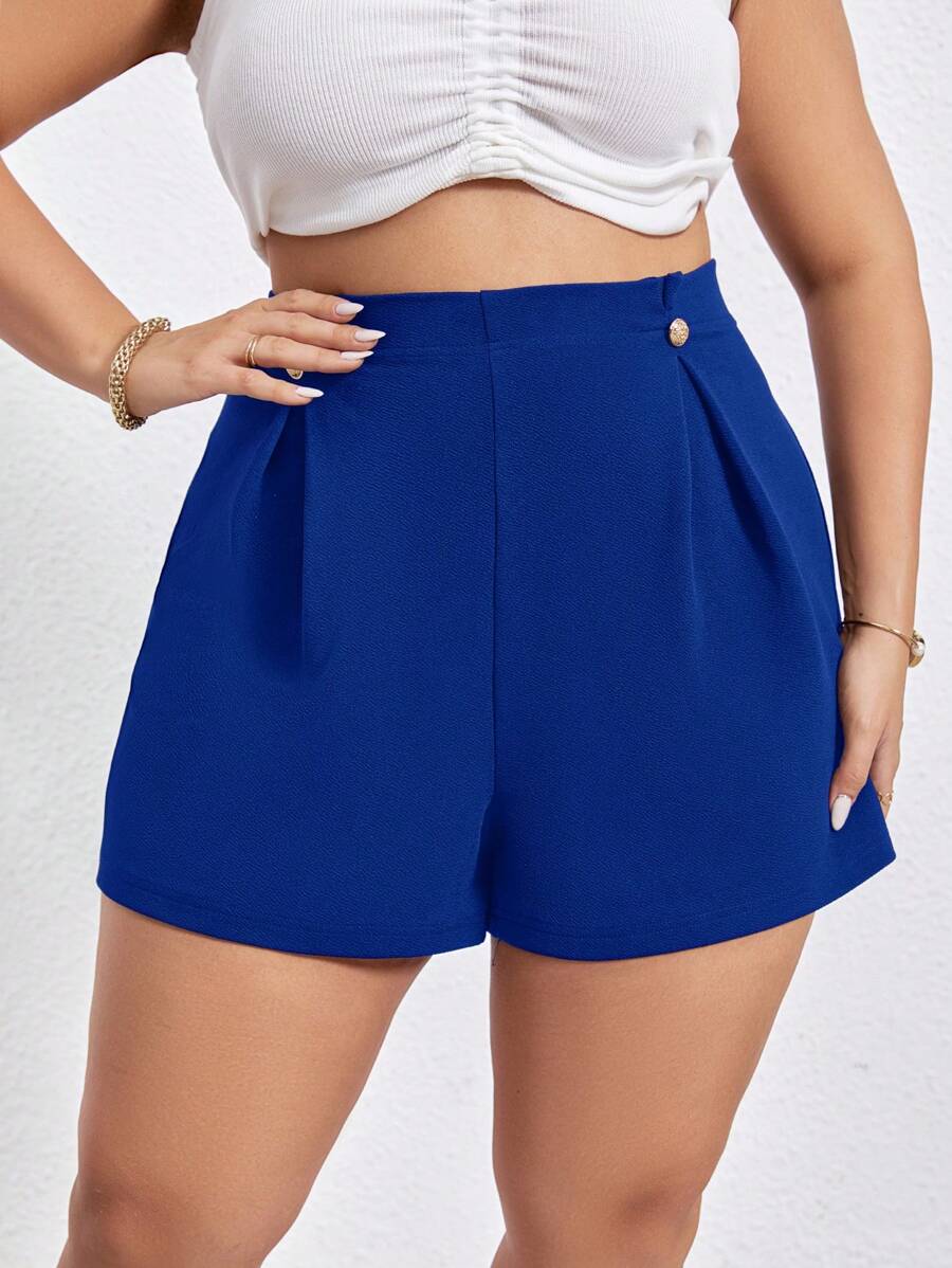 SHEIN Privé Quần Short kích thước lớn Nút màu trơn Giải trí - Màu xanh lam - Xem 1