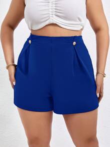 SHEIN Privé Quần Short kích thước lớn Nút màu trơn Giải trí - Màu xanh lam - Xem 5