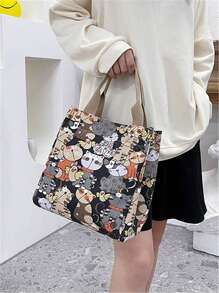 Túi vuông họa tiết mèo dễ thương có quai xách đôi dùng hàng ngày, đa chức năng, quà tặng cho giáo viên, trang phục công sở thường ngày, ngày lễ, văn phòng, kỳ nghỉ, hoàn hảo cho công việc, hoàn hảo cho văn phòng, mua sắm, du lịch, kinh doanh cho phụ nữ, cho phụ nữ, thời trang cho phụ nữ, tối giản, túi vải mềm - màu đen - Xem 4