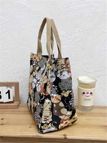 Túi vuông họa tiết mèo dễ thương có quai xách đôi dùng hàng ngày, đa chức năng, quà tặng cho giáo viên, trang phục công sở thường ngày, ngày lễ, văn phòng, kỳ nghỉ, hoàn hảo cho công việc, hoàn hảo cho văn phòng, mua sắm, du lịch, kinh doanh cho phụ nữ, cho phụ nữ, thời trang cho phụ nữ, tối giản, túi vải mềm - màu đen - Xem 5