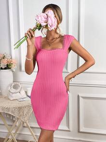 SHEIN Privé Contrast Lace Square Neck Bodycon Dress - Pink - View 5