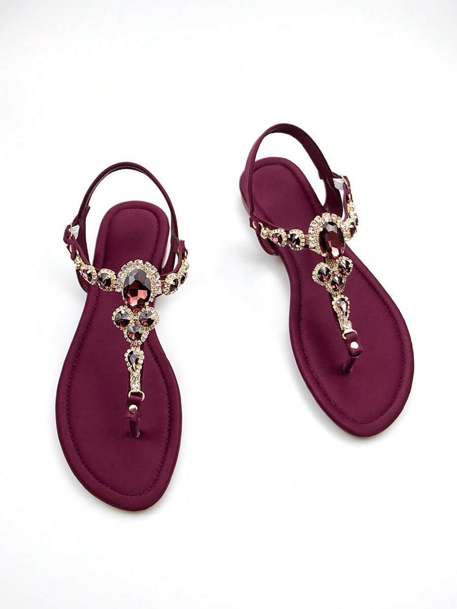 Women Rhinestone Decor Ankle Strap Thong Sandals, Glamorous Summer Flat