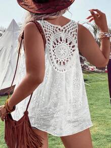 SHEIN LUNE 大碼拼接水溶蕾絲背心上衣 - 白色 - 查看 1