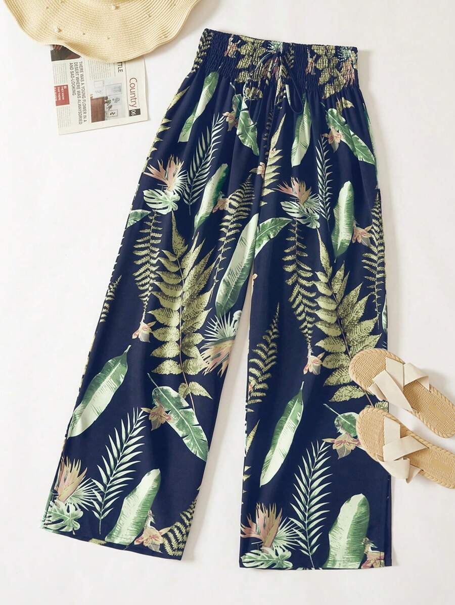 SHEIN LUNE Plus Tropical Print Tie Front Trousers - Blue - View 1