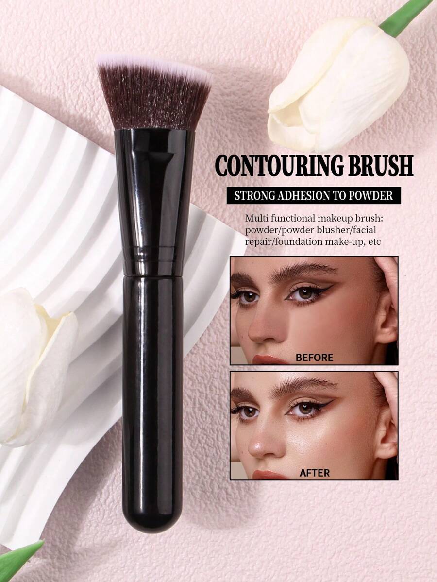 1pc Black Soft Blush Brush Contour Brush Portable Makeup Brush High-End Wooden Handle Angled Face Shadow Contour Brush Makeup Tool - Black - View 1