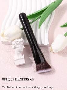 1pc Black Soft Blush Brush Contour Brush Portable Makeup Brush High-End Wooden Handle Angled Face Shadow Contour Brush Makeup Tool - Black - View 4